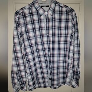 7 Diamonds Men's Navy, White & Red Plaid Checkered Designer Button Down Shirt